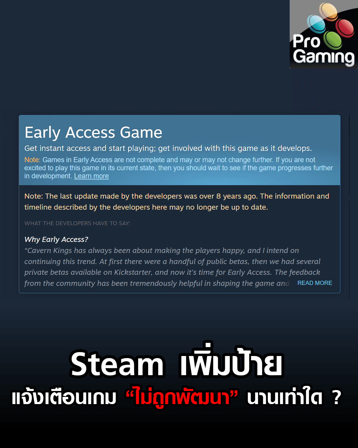 Steam เพิ่มป้ายแจ้งเตือน เกมไม่ถูกพัฒนานานเท่าใด ?